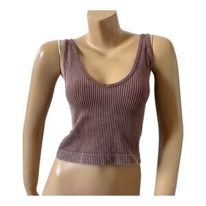 AURA Womens Size M/L Brown Sleeveless Stretch Ribbed V Neck Crop Tank Top Shirt